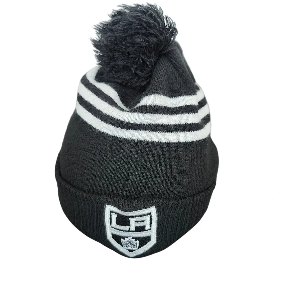 Adidas NHL Los Angeles Kings Beanie Black White Striped Pom Knit Hat One Size